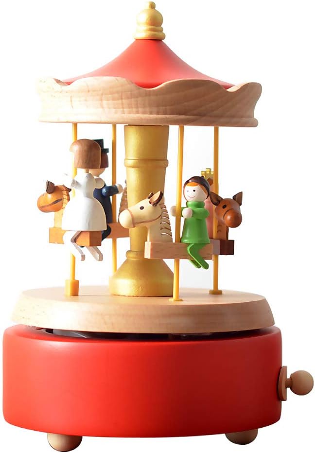 LilYXIN Carousel Music Box Red Wooden Horse Shape Musical Figurine
