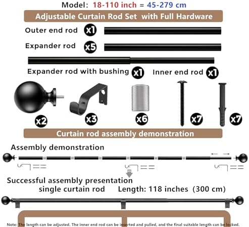 BloomFlower 118 Inch Adjustable Curtain Rods with Black Finials