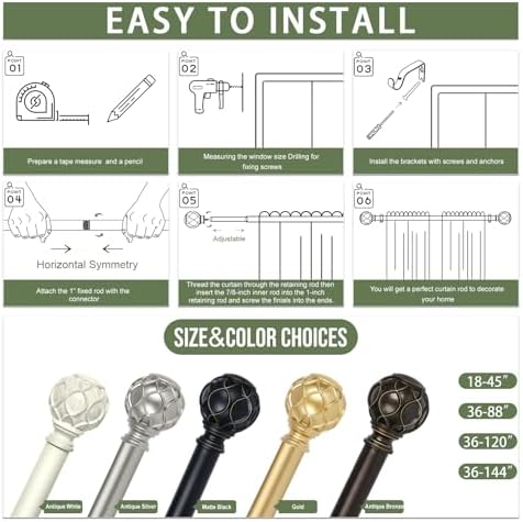 HTZON Antique Silver Decorative Curtain Rod Set 66-120 Inch