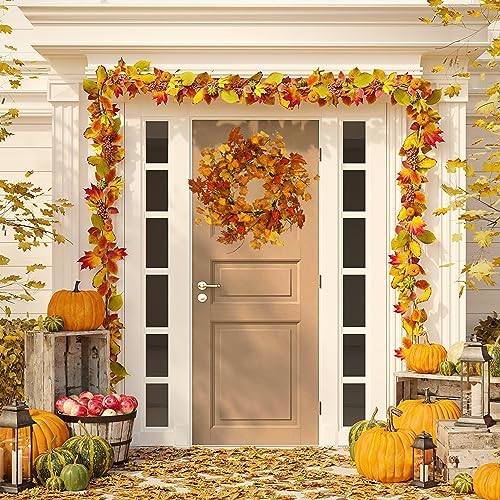 22 Inch Artificial Fall Wreath with Cape Gooseberry and Maple Leaves