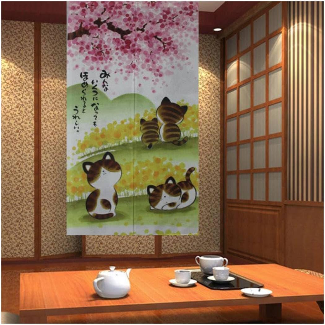 Noren Door Curtain with Sakura and Cat Design 335x59