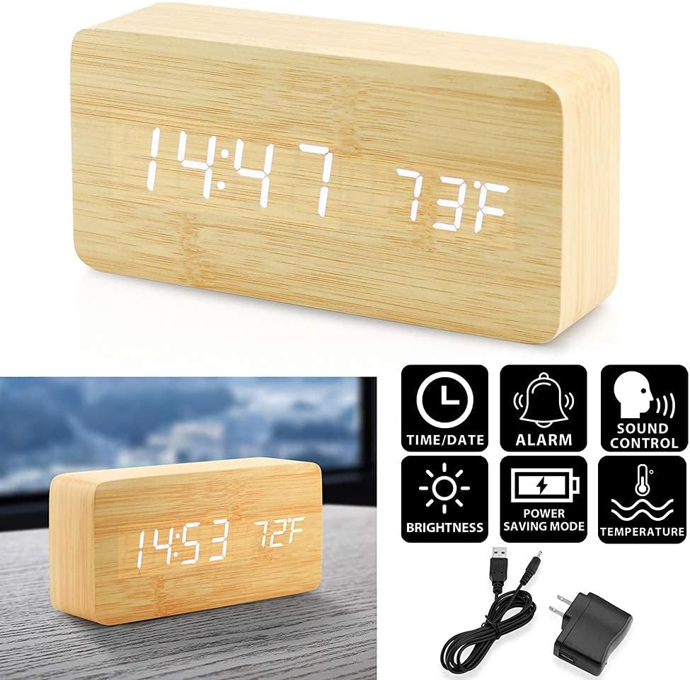 OCT17 Bamboo Wood Alarm Clock with USB Power Supply