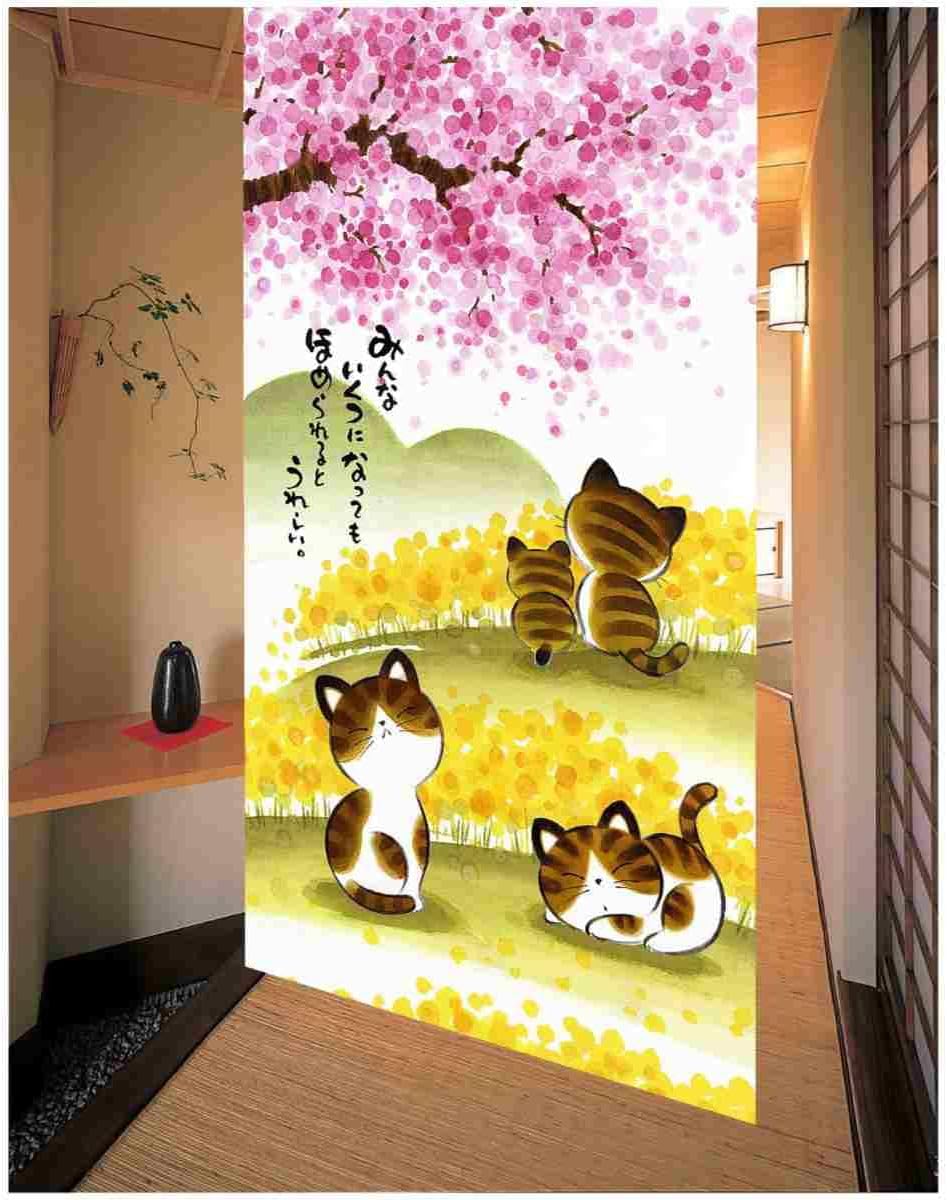 Noren Door Curtain with Sakura and Cat Design 335x59