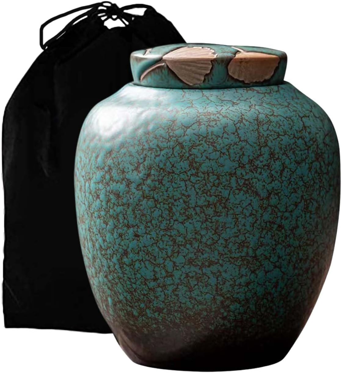 Medium Cremation Urn with Turquoise Glazed Ceramic and Ginkgo Leaf Design