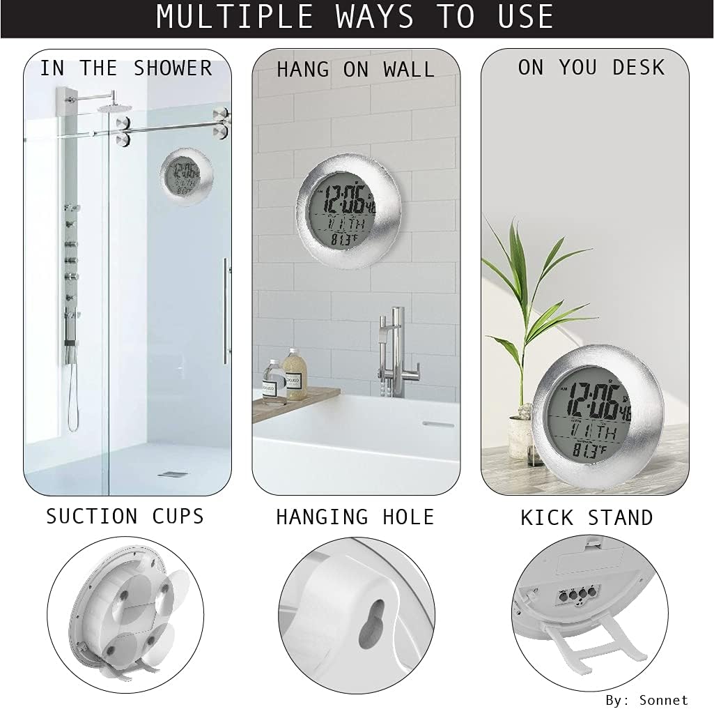 Ken-Tech Sonnet Shower Clock - Digital Time Date Day Temp Display