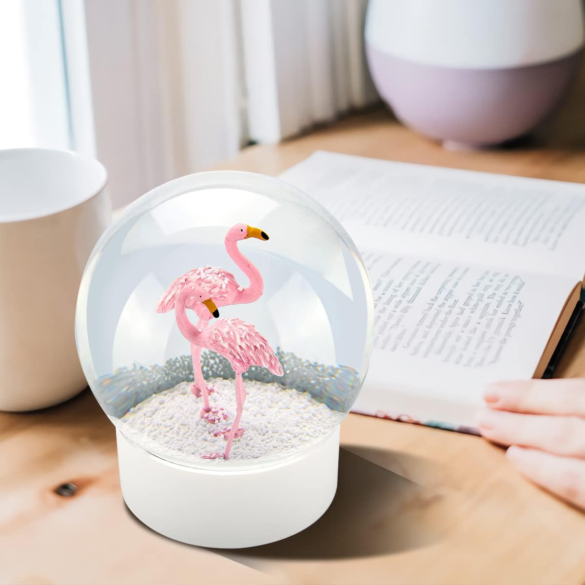 Pink Flamingo Snow Globe with White Base