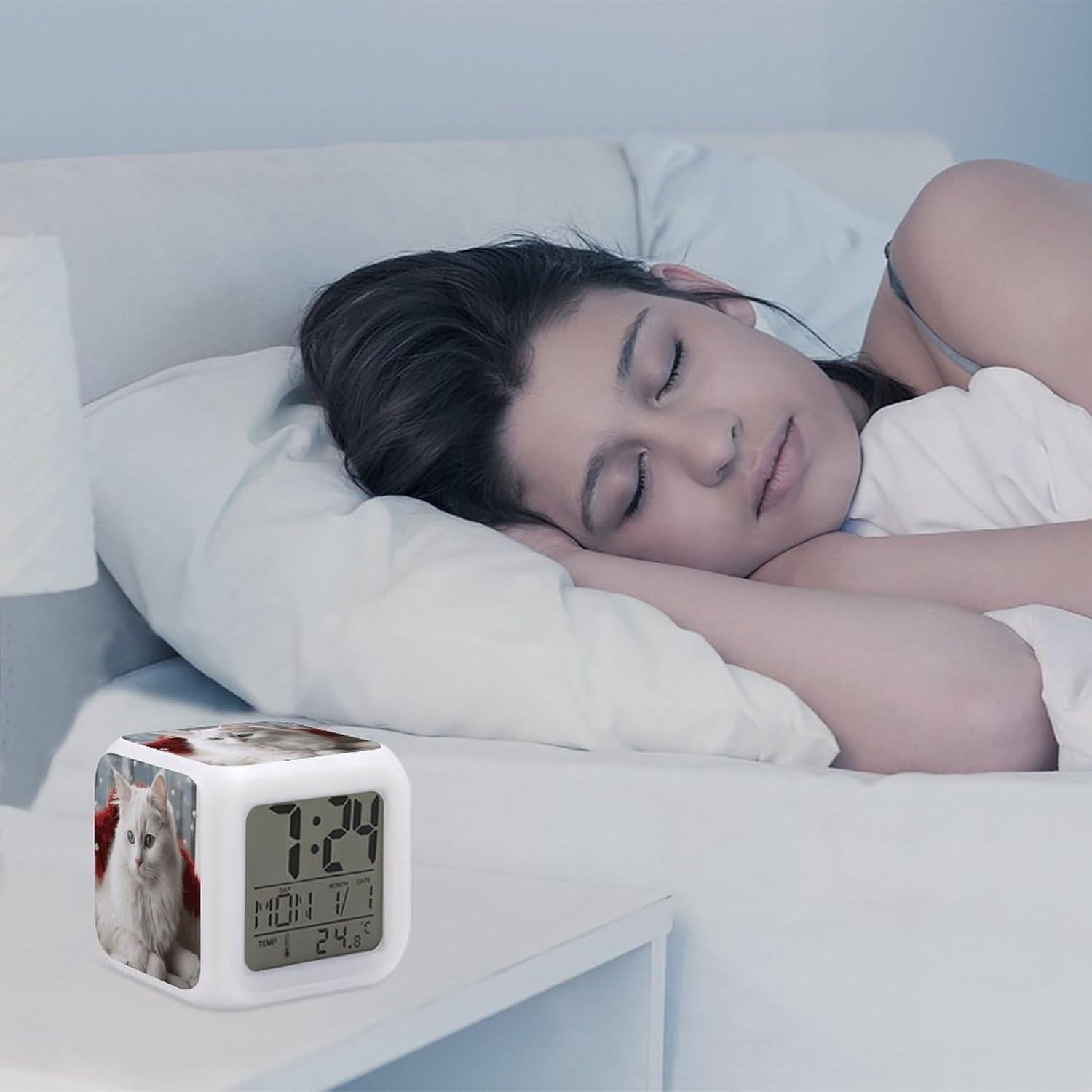 Cute White Cat Alarm Clock with LED Display