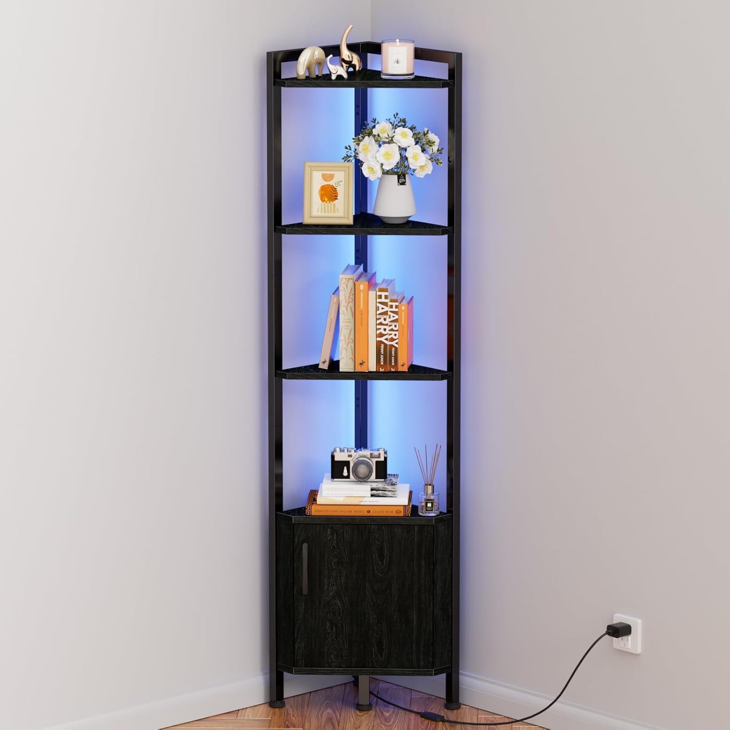 Furnulem 5-Tier Corner Bookshelf with LED Light