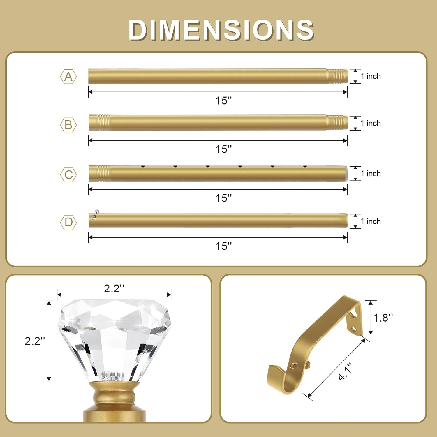 Orger Diamond Curtain Rods 30-54 Inches Gold with Crystal Finials 2 Pack