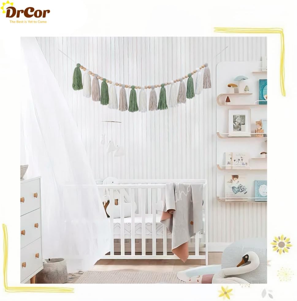 DrCor Sage Green Tassel Garland - Boho Farmhouse Wall Decor