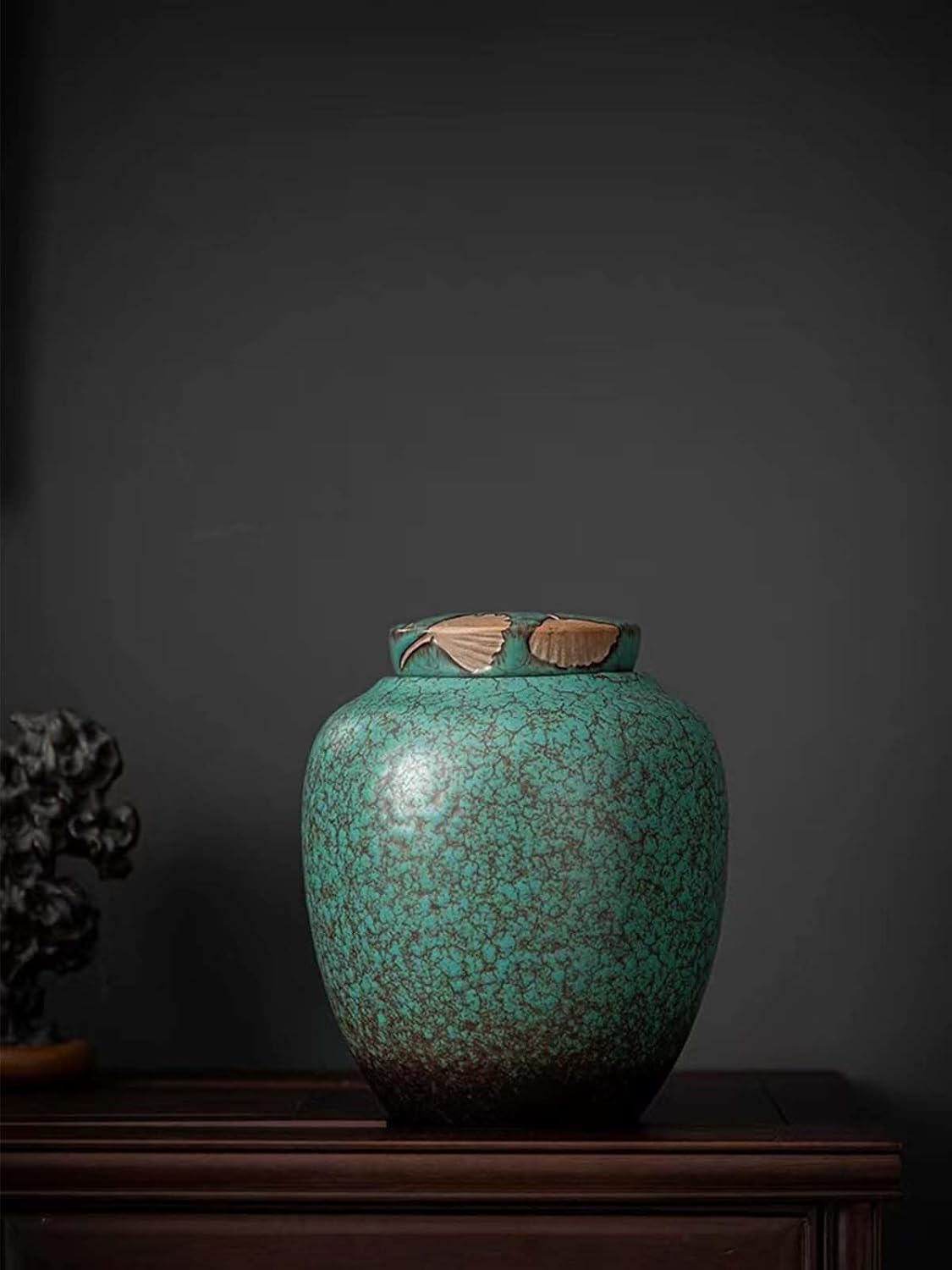 Medium Cremation Urn with Turquoise Glazed Ceramic and Ginkgo Leaf Design