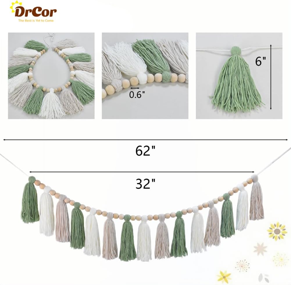 DrCor Sage Green Tassel Garland - Boho Farmhouse Wall Decor