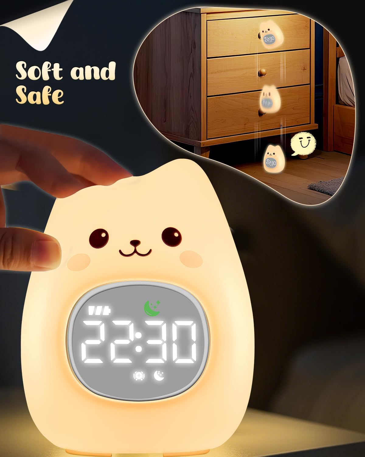 Cat Alarm Clock for Kids with Night Light and White Noise