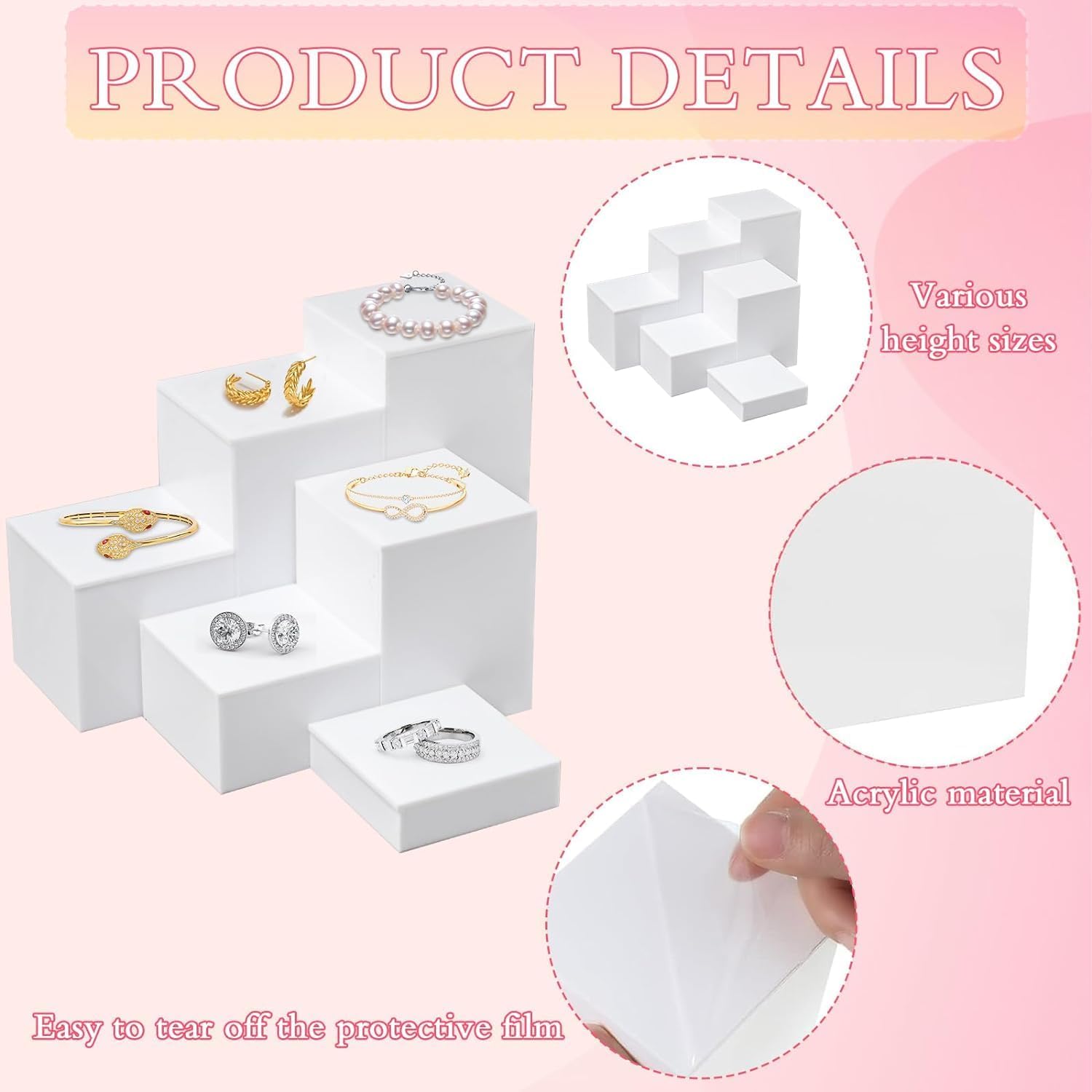 6Pcs White Acrylic Cube Display Risers with Hollow Bottoms