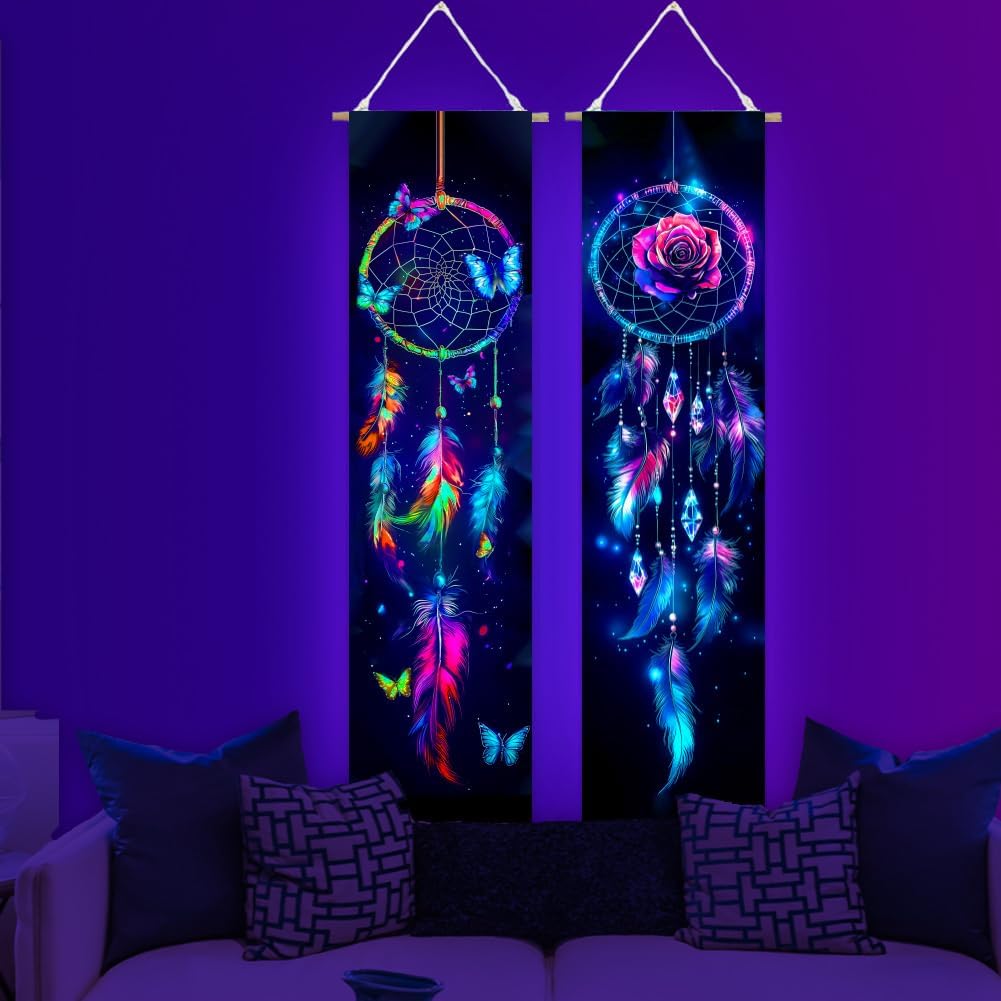 ACRNIGHEET UV Reactive Blacklight Dream Catcher Tapestry Wall Decor