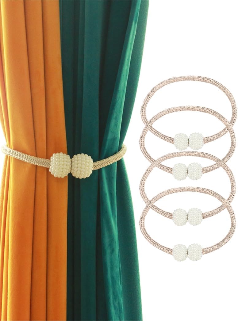 4 Pack Magnetic Curtain Holdbacks with Decorative Rope Beige