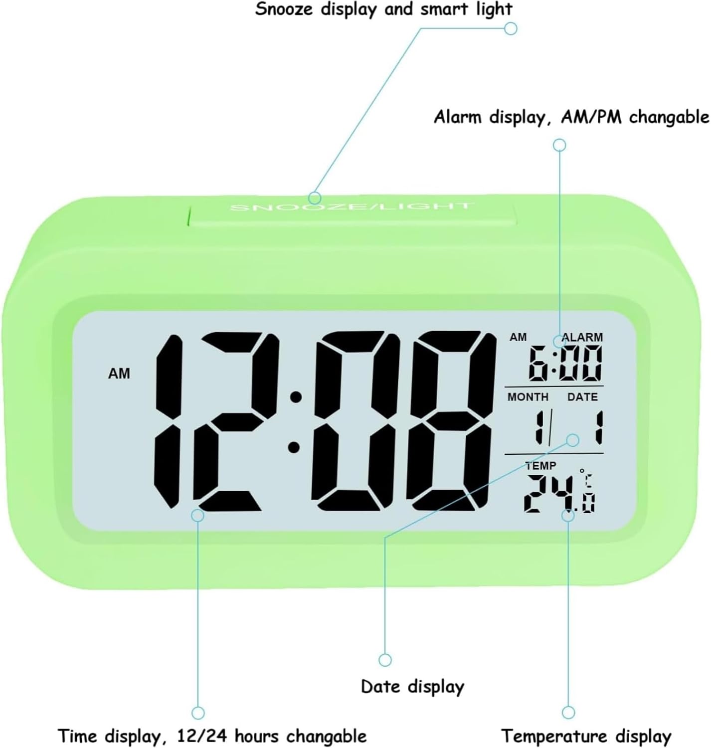 Upgraded Digital Alarm Clock with Temperature and Night Light Control