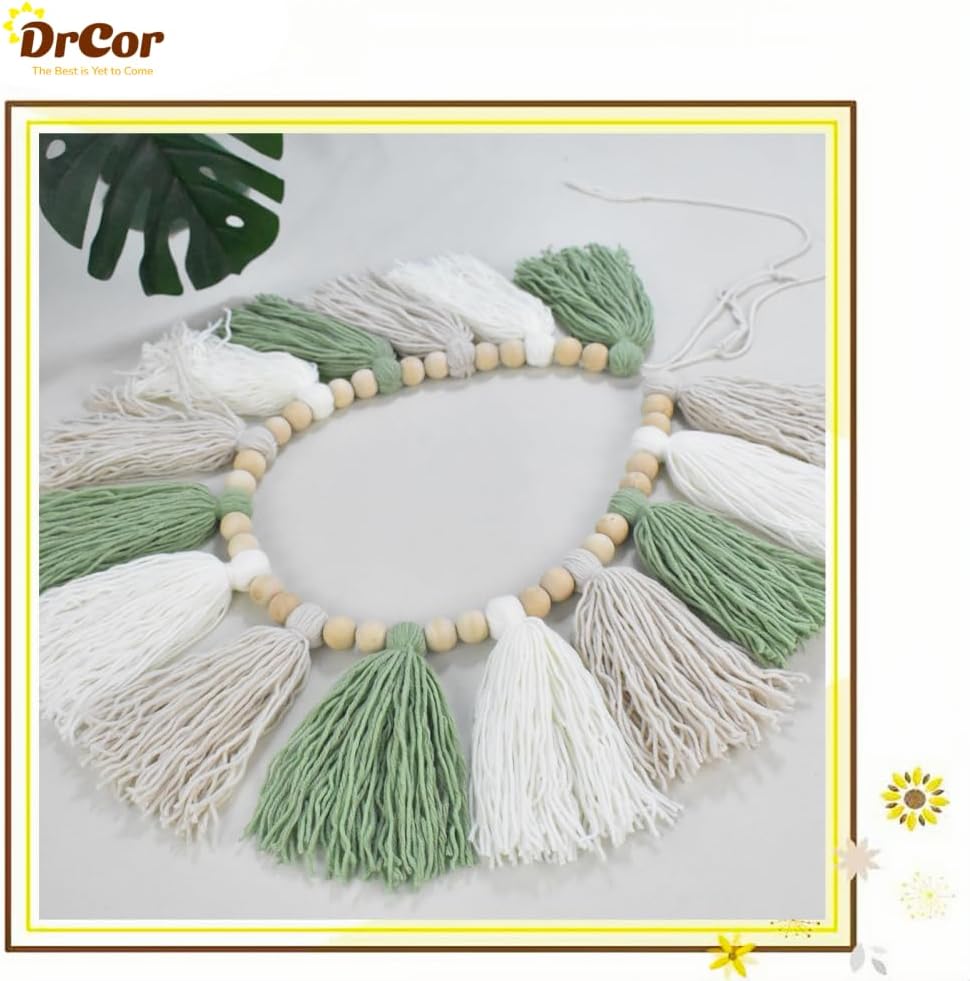DrCor Sage Green Tassel Garland - Boho Farmhouse Wall Decor
