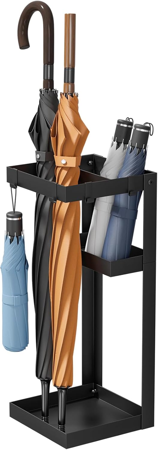Sturdy Steel Umbrella Stand with 4 Hooks and Small Shelf Black