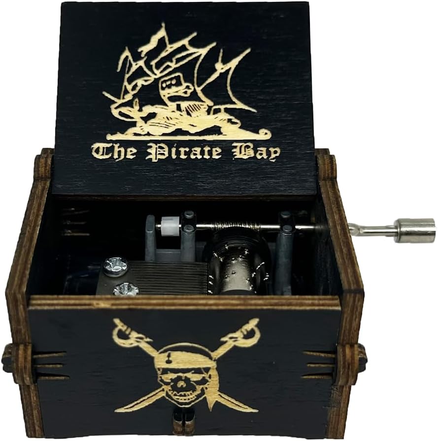 Pirates of The Caribbean Music Box Hand Crank Wooden Carved Black