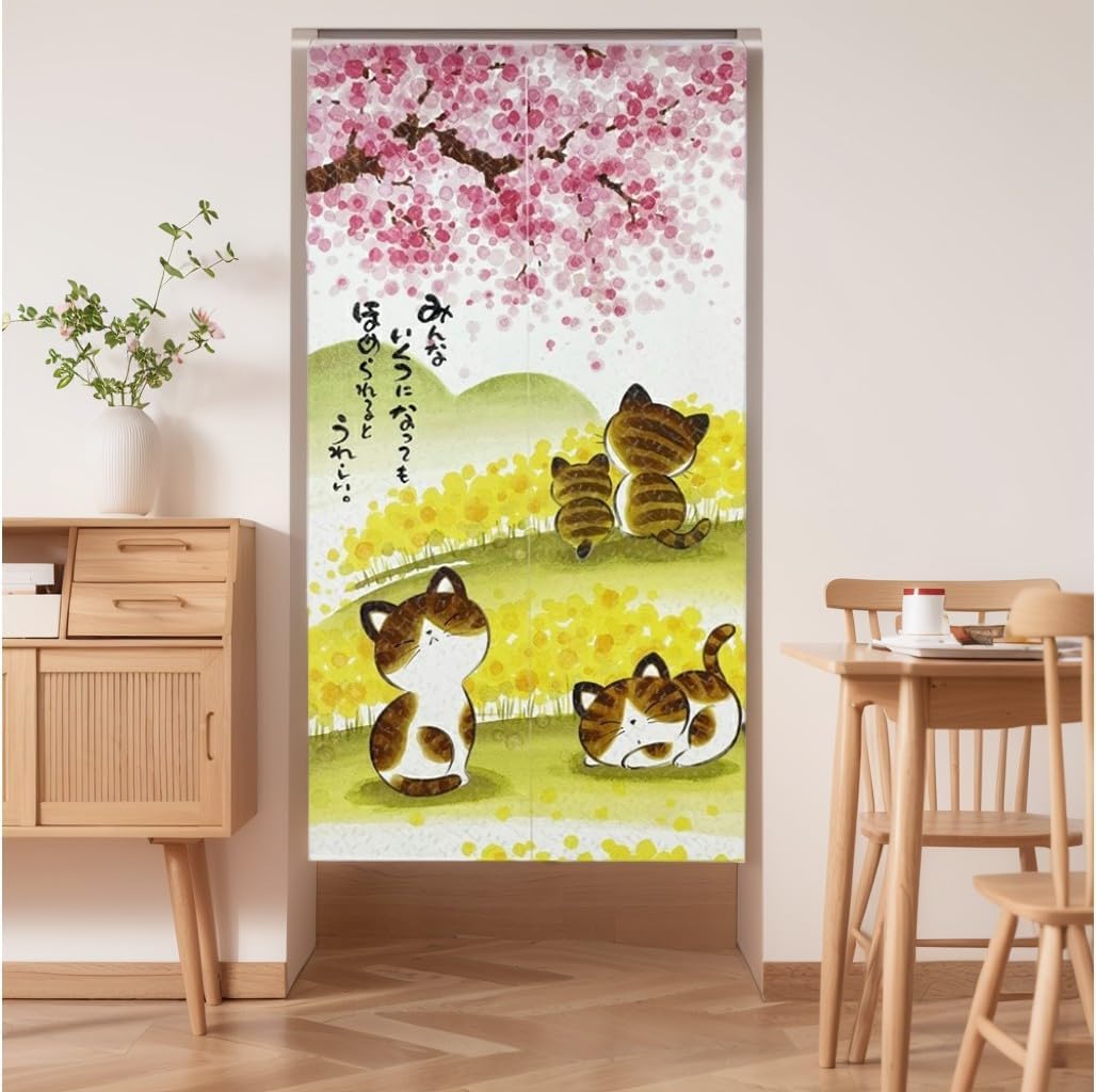 Noren Door Curtain with Sakura and Cat Design 335x59