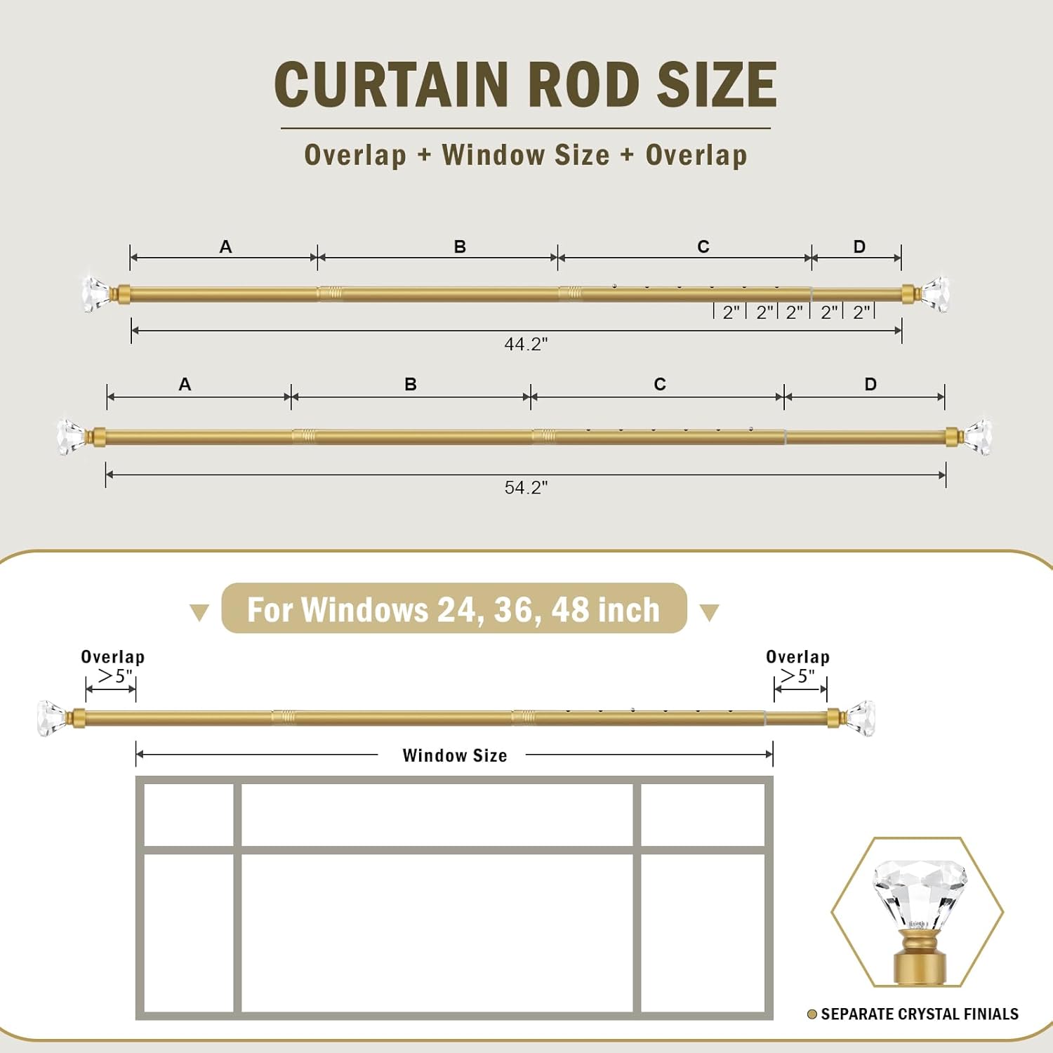 Orger Diamond Curtain Rods 30-54 Inches Gold with Crystal Finials 2 Pack