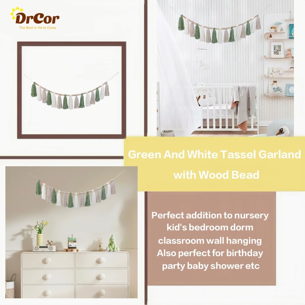 DrCor Sage Green Tassel Garland - Boho Farmhouse Wall Decor