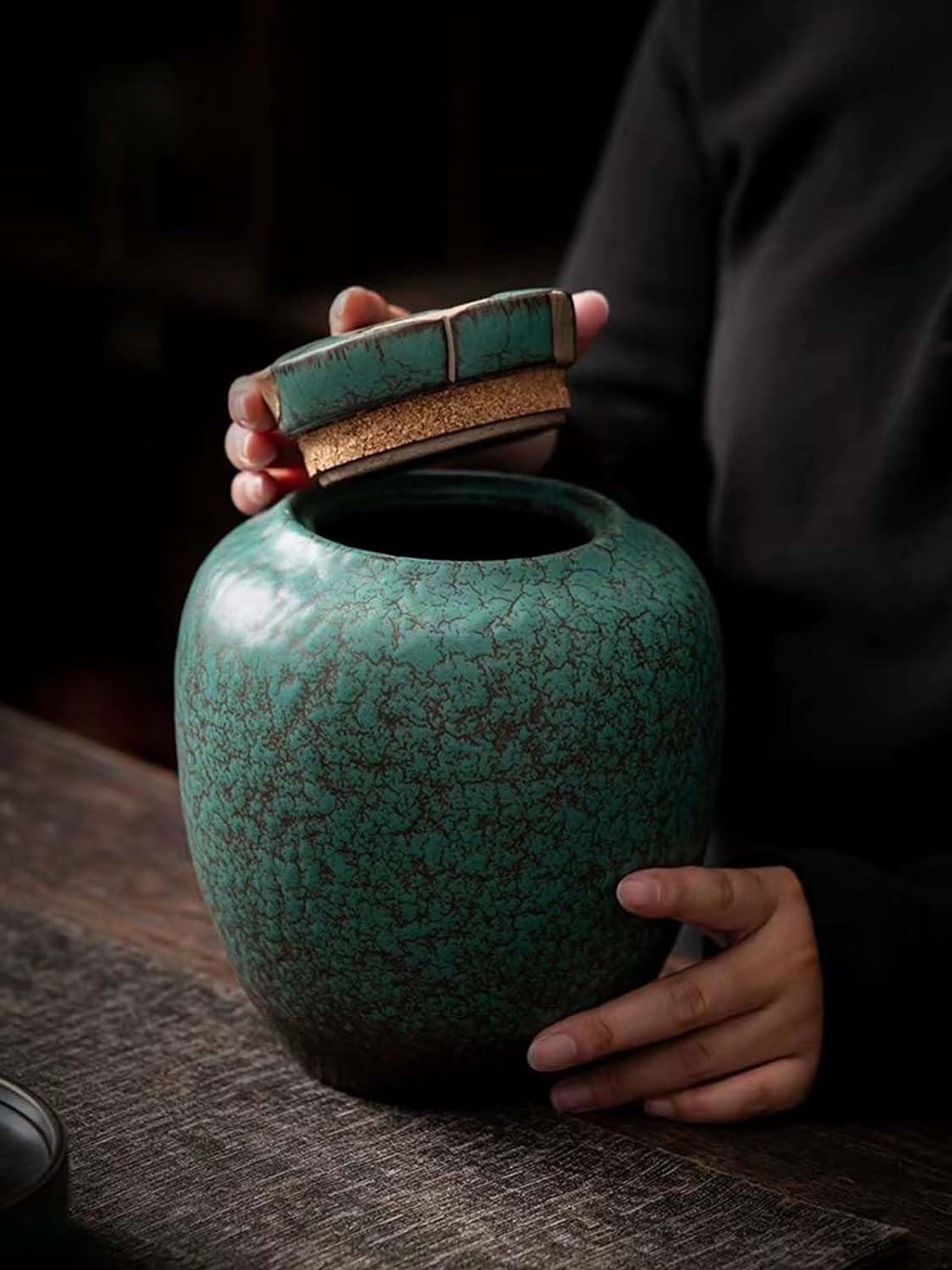 Medium Cremation Urn with Turquoise Glazed Ceramic and Ginkgo Leaf Design