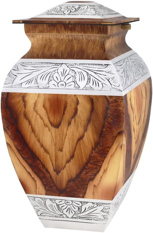 Naniurn Elegant Cremation Urn with Brown Wood Texture and Silver Engraving