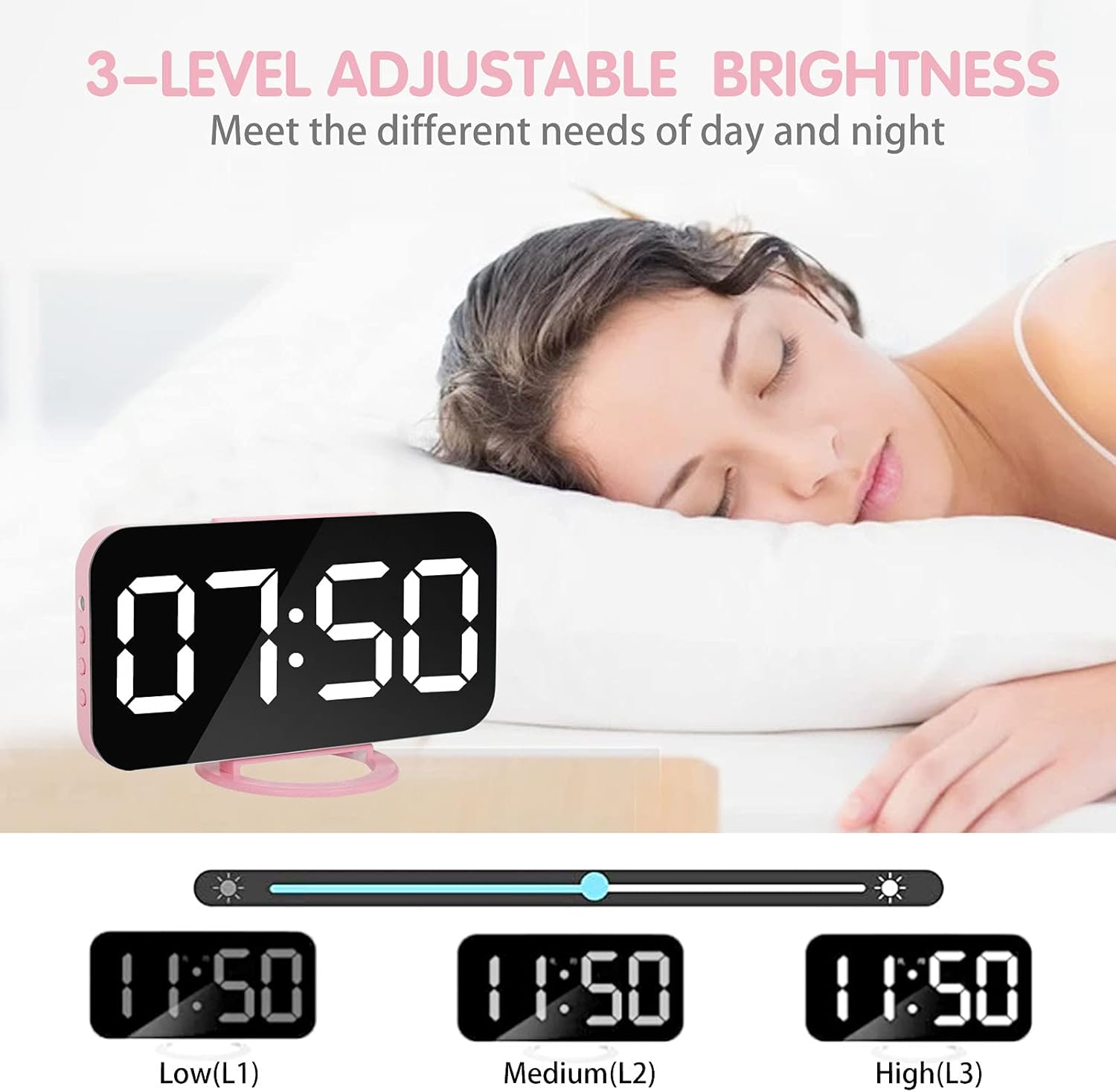 Miowachi Pink LED Alarm Clock with Mirror and Snooze
