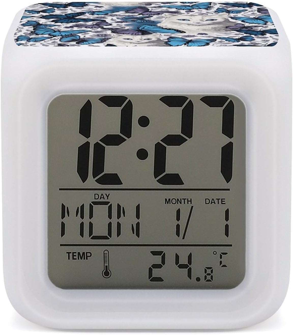 Small Digital Blue Butterfly and White Cat Alarm Clock for Bedroom