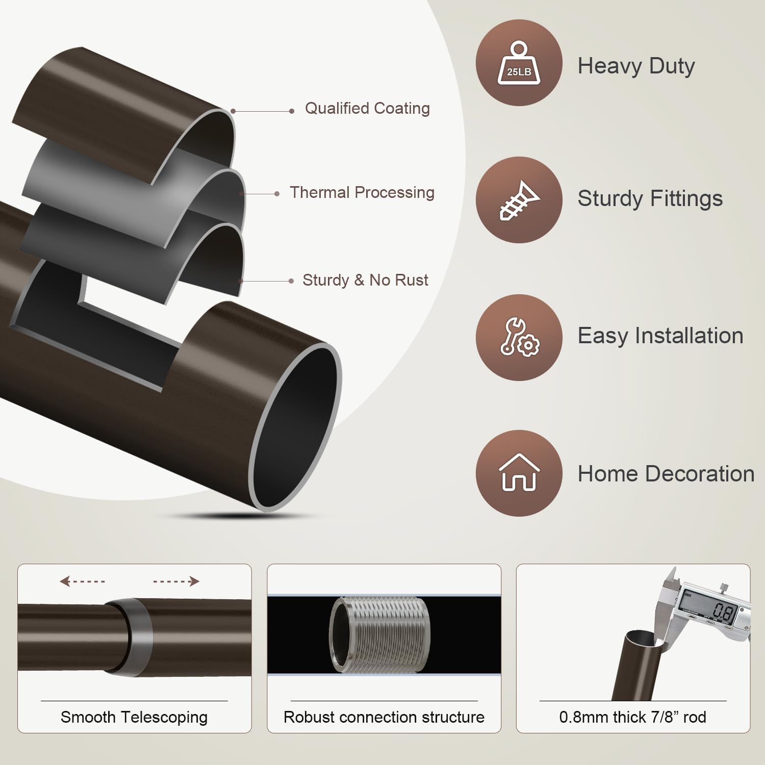 Brown Adjustable Window Curtain Rod with Decorative Finials