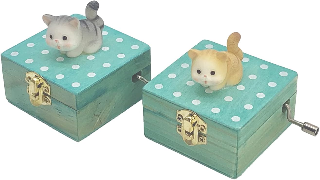 Mini Wooden Hand Crank Music Box with Cute Cat