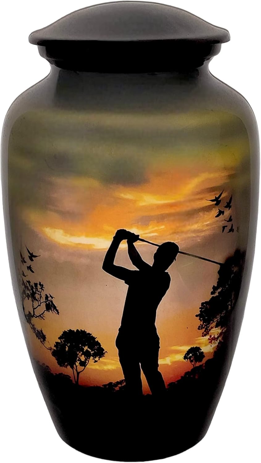 Cremation Urn with Golf Design Velvet Bag