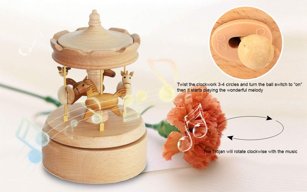 LilYXIN Carousel Music Box Red Wooden Horse Shape Musical Figurine