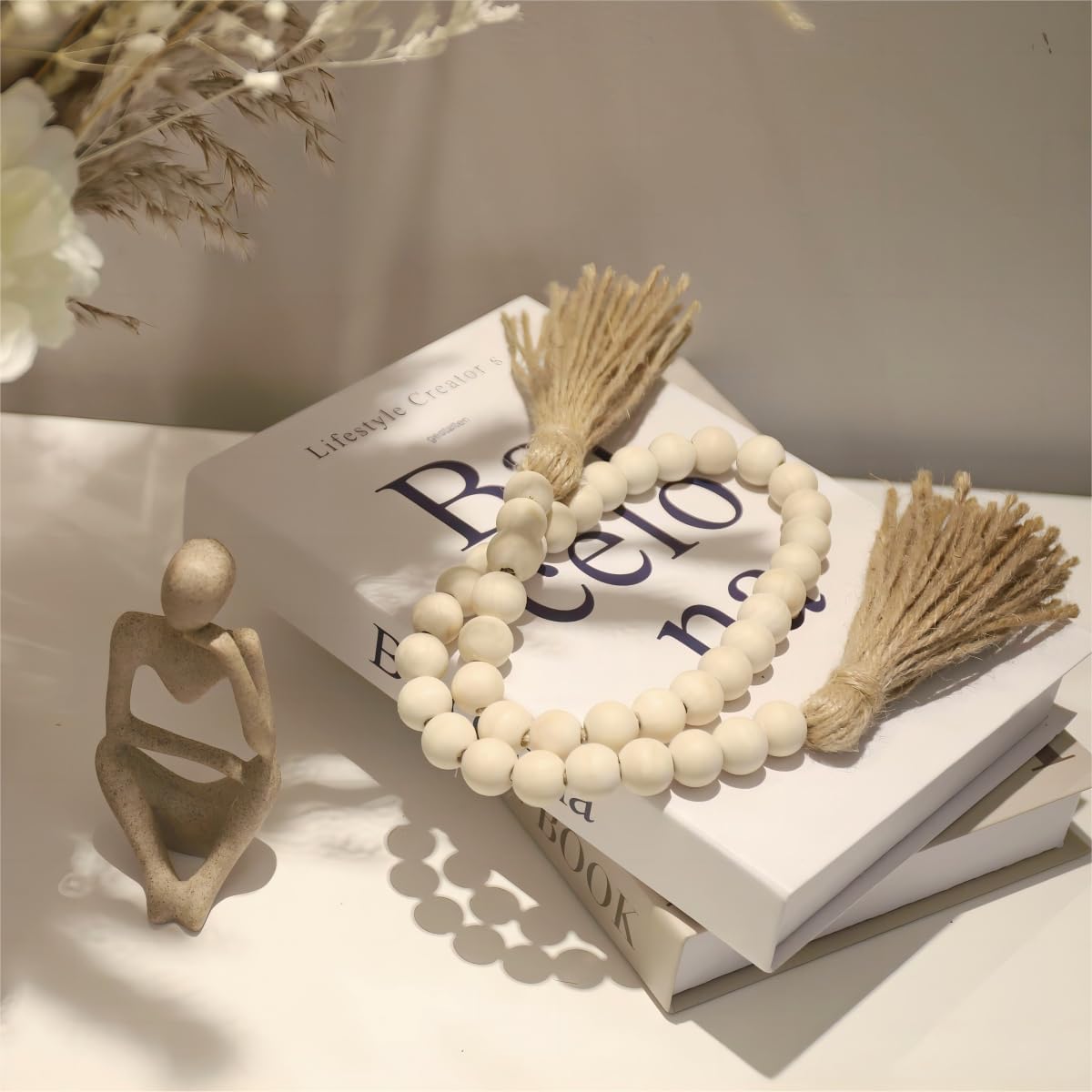 WORLDLYDA Natural Wood Bead Garland with Tassels