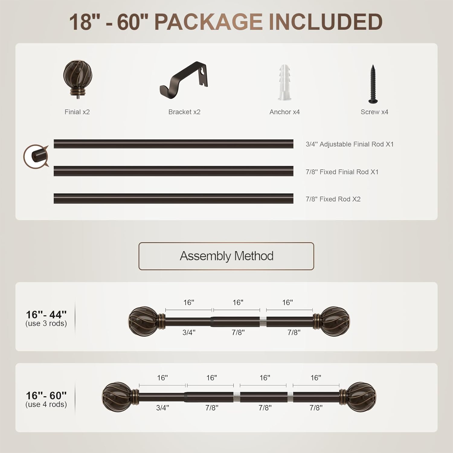 Brown Adjustable Window Curtain Rod with Decorative Finials