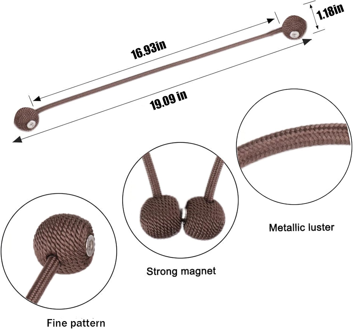 2 PCS Magnetic Curtain Holdbacks with Woven Rope - Brown