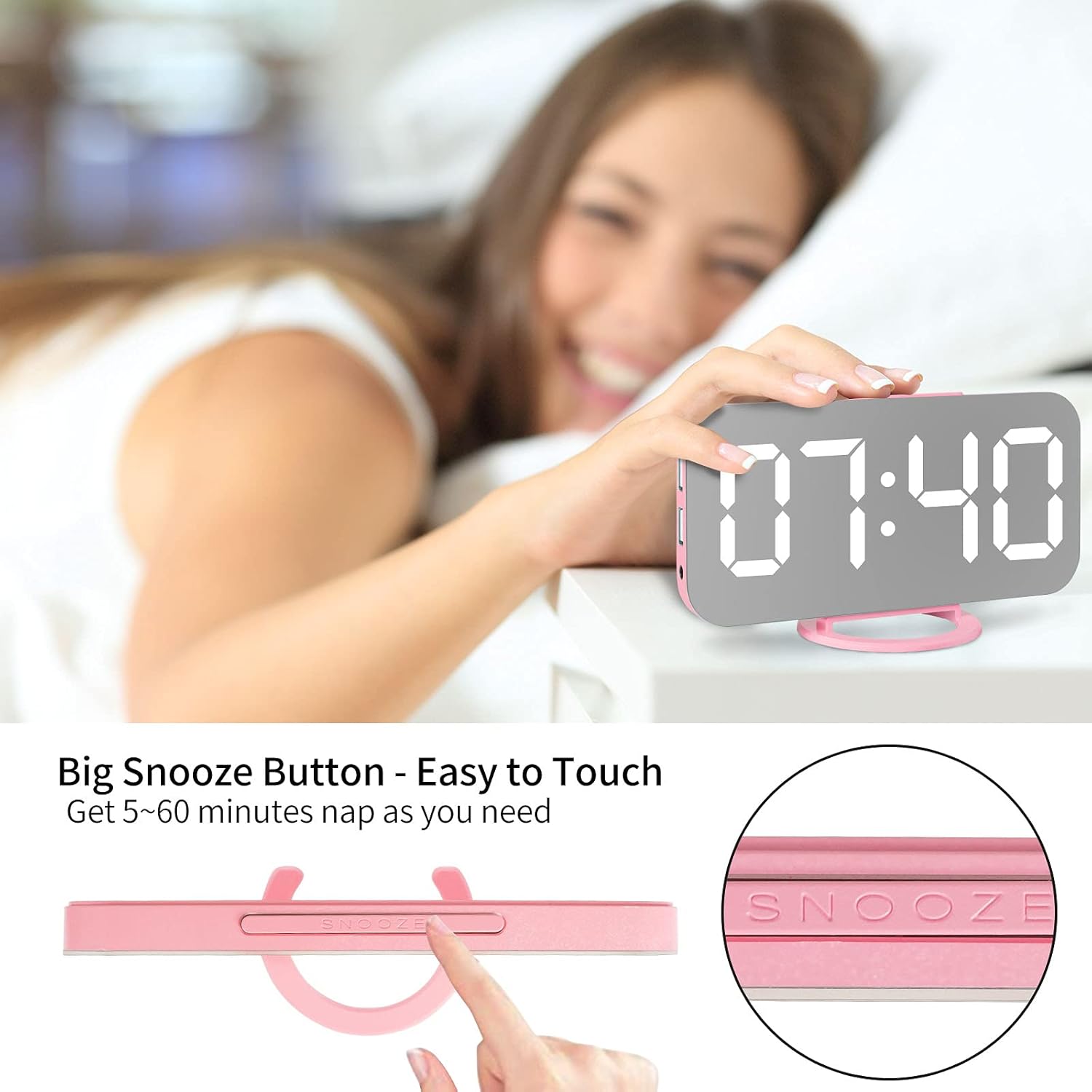 Miowachi Pink LED Alarm Clock with Mirror and Snooze