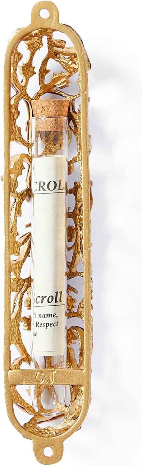 Grapes on Vine Mezuzah Case 6 Inches Gold Red