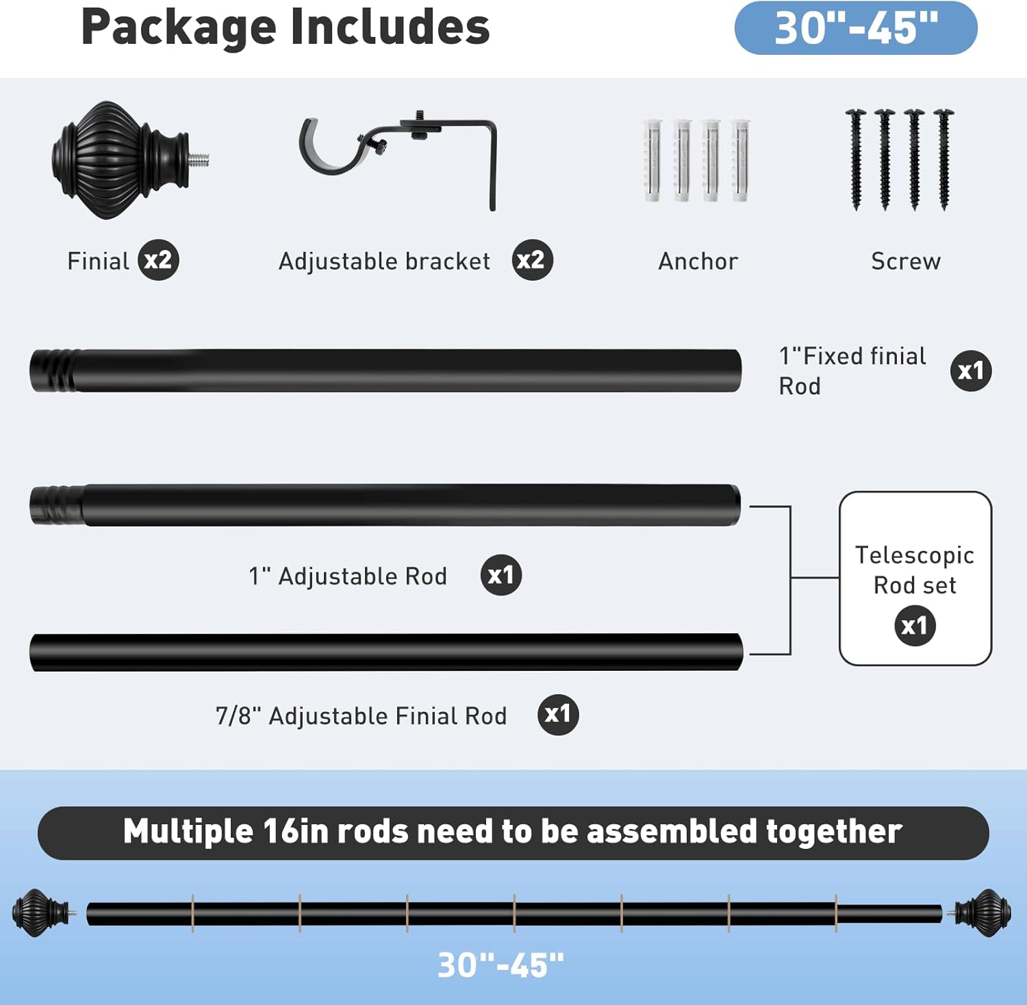 Black Curtain Rod with Lantern Ball Finials 30-45 Inch