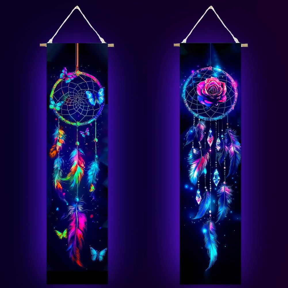 ACRNIGHEET UV Reactive Blacklight Dream Catcher Tapestry Wall Decor