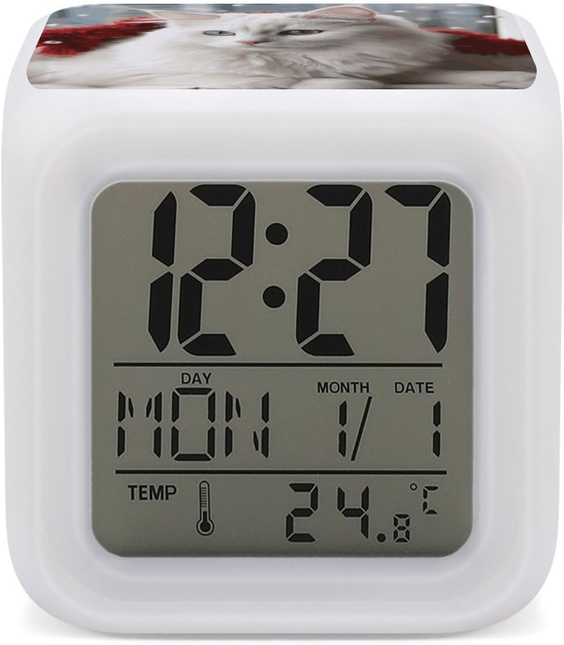 Cute White Cat Alarm Clock with LED Display