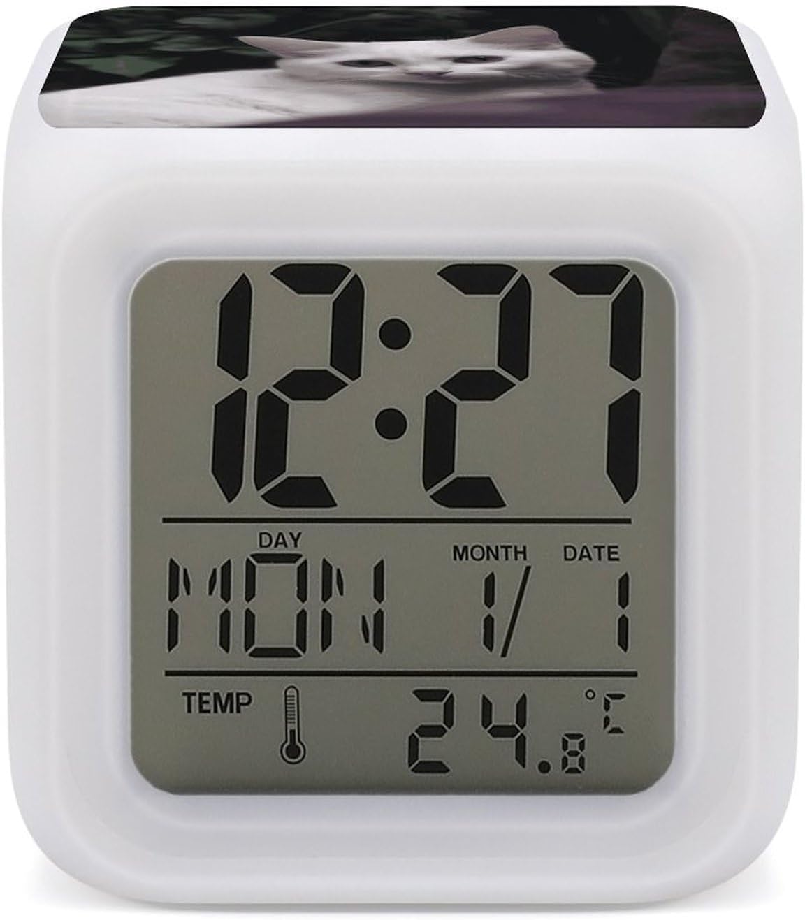 White Cat Digital Alarm Clock with LED Display
