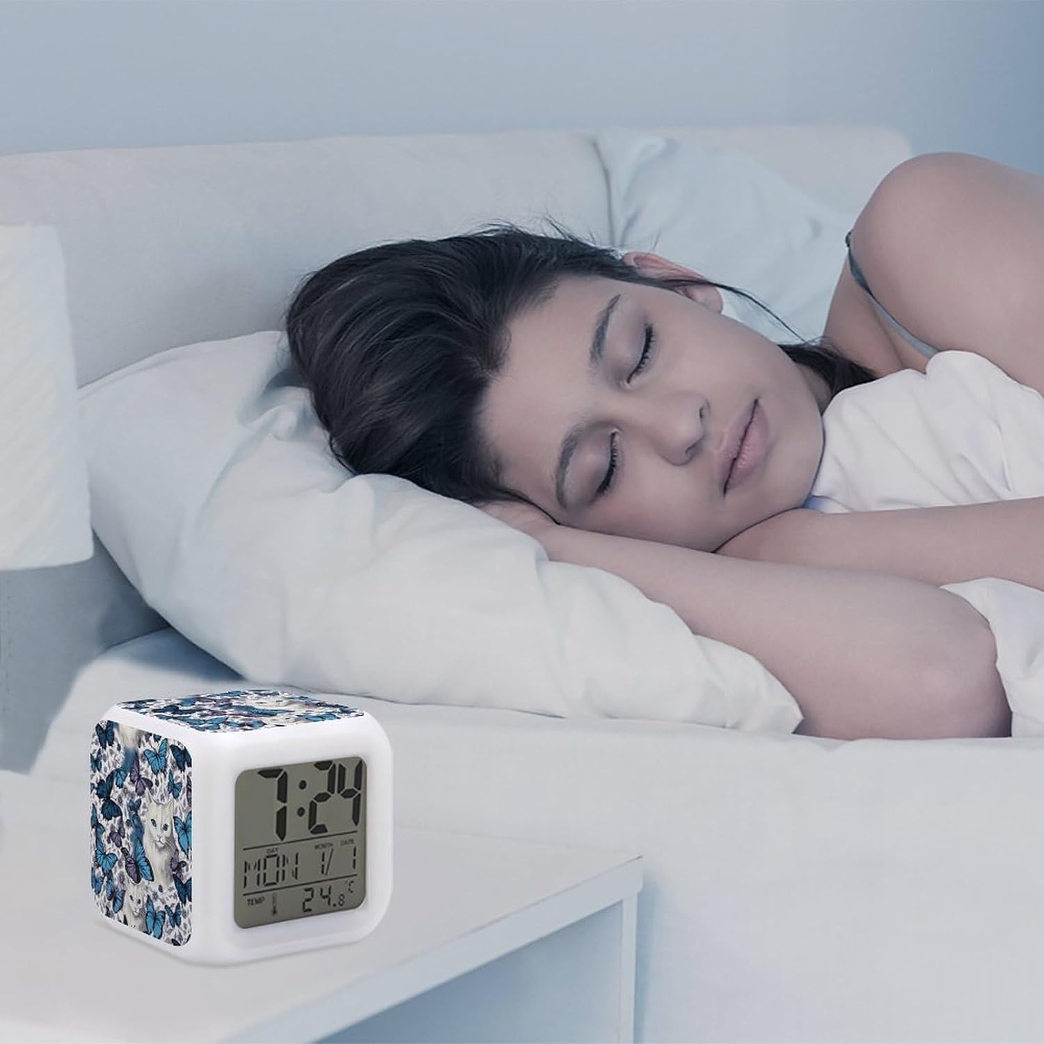 Small Digital Blue Butterfly and White Cat Alarm Clock for Bedroom