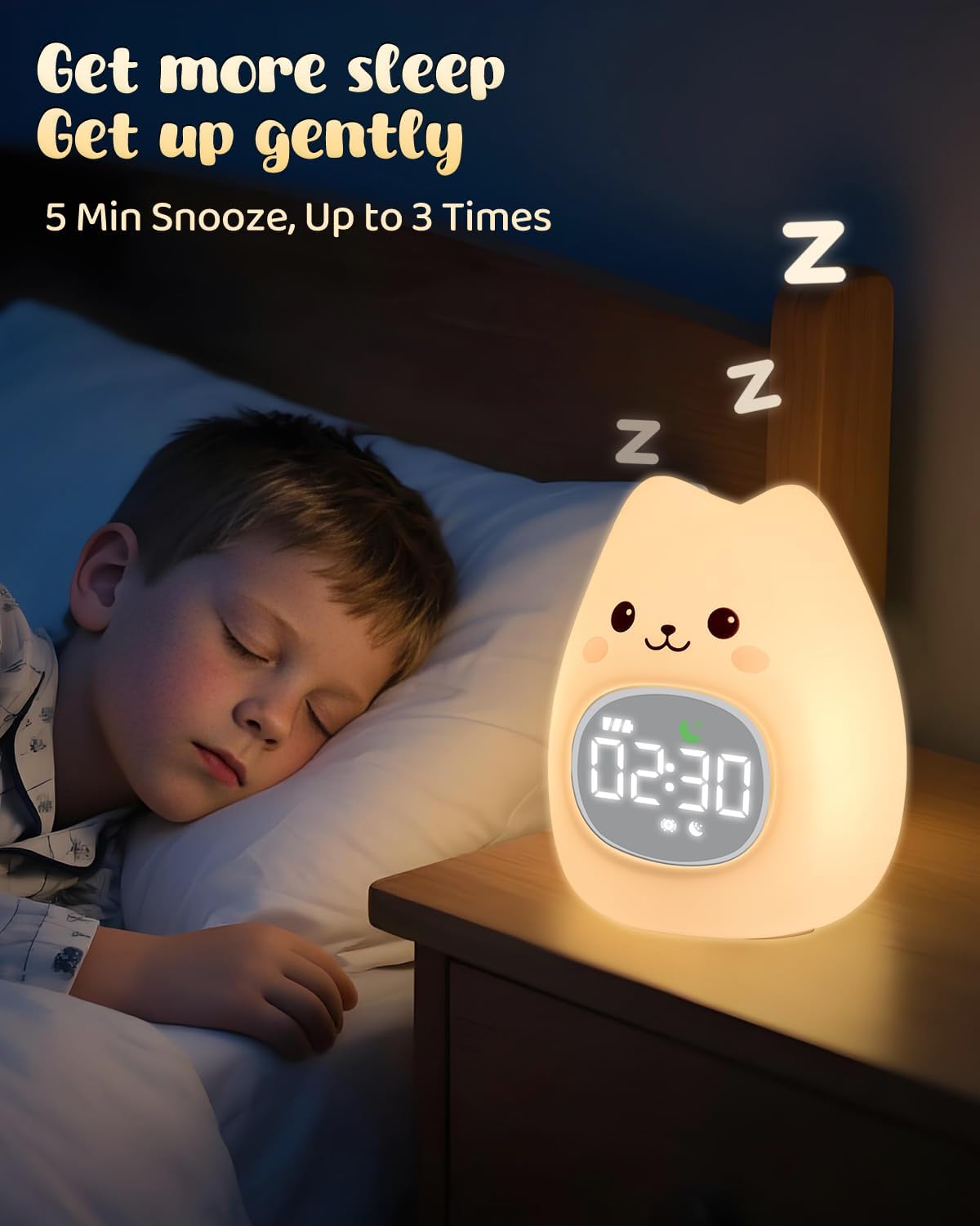 Cat Alarm Clock for Kids with Night Light and White Noise