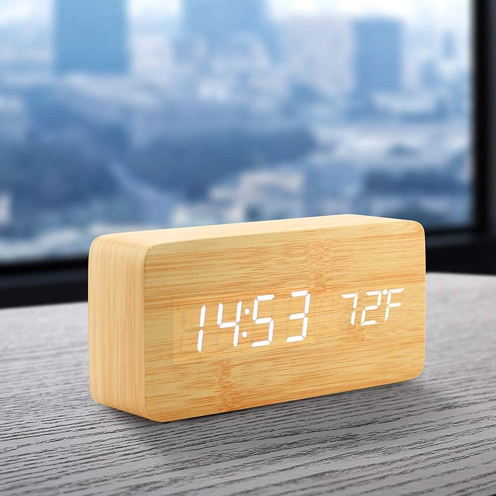 OCT17 Bamboo Wood Alarm Clock with USB Power Supply