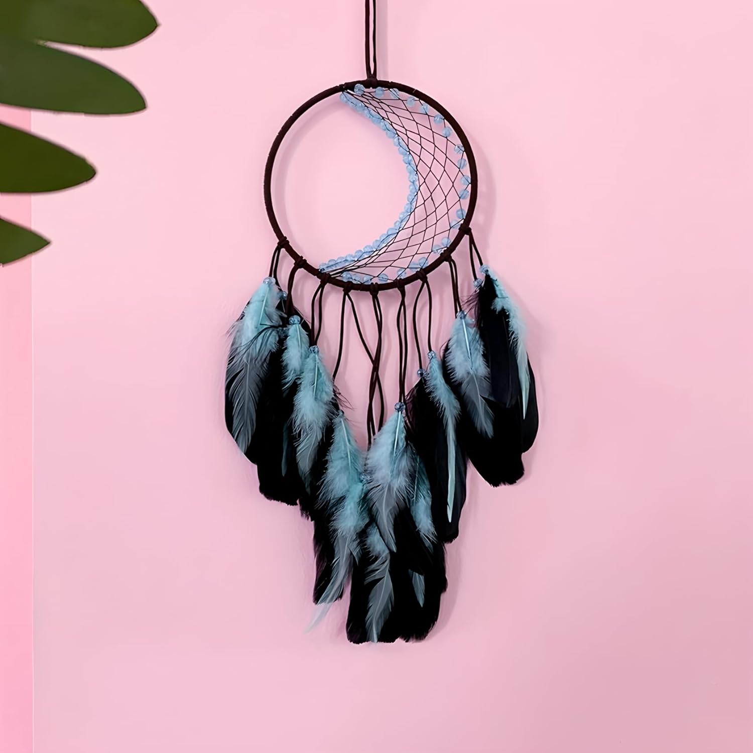Dream Catcher with Moon Mesh and Turquoise Feathers