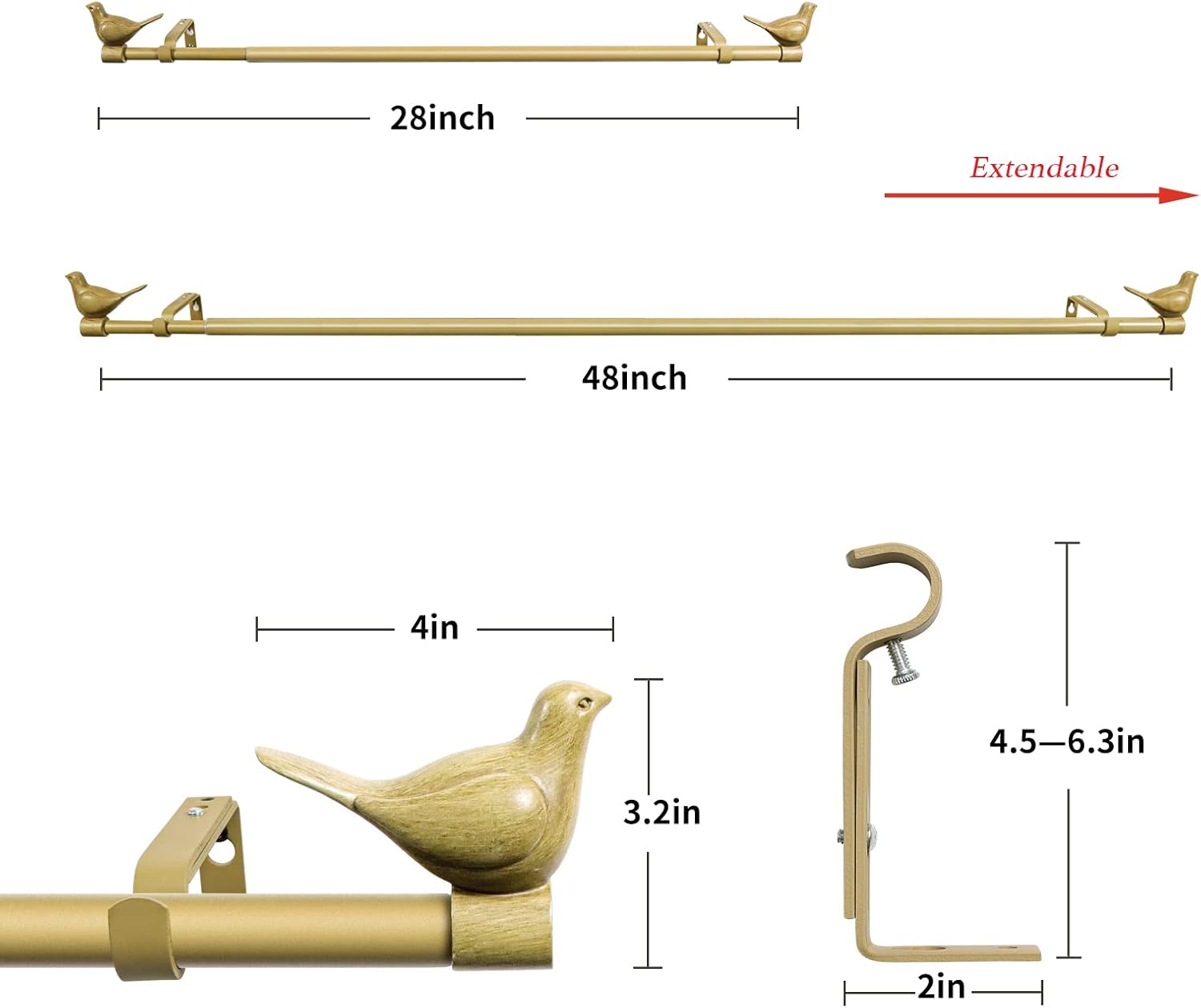 Meriville 34 Inch Farmhouse Single Curtain Rod with Bird Finials