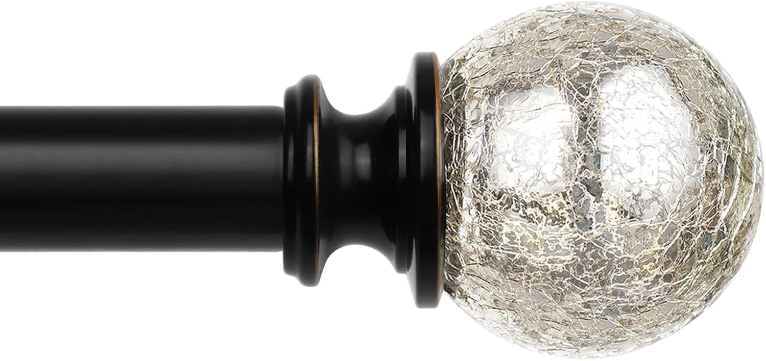 KAMANINA Adjustable Curtain Rod 32-58 Inches Black with Crackle Glass Finials